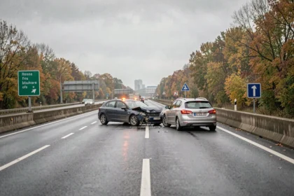 Accident sur la rocade de Rennes avec deux véhicules endommagés sur le bas-côté de la chaussée mouillée