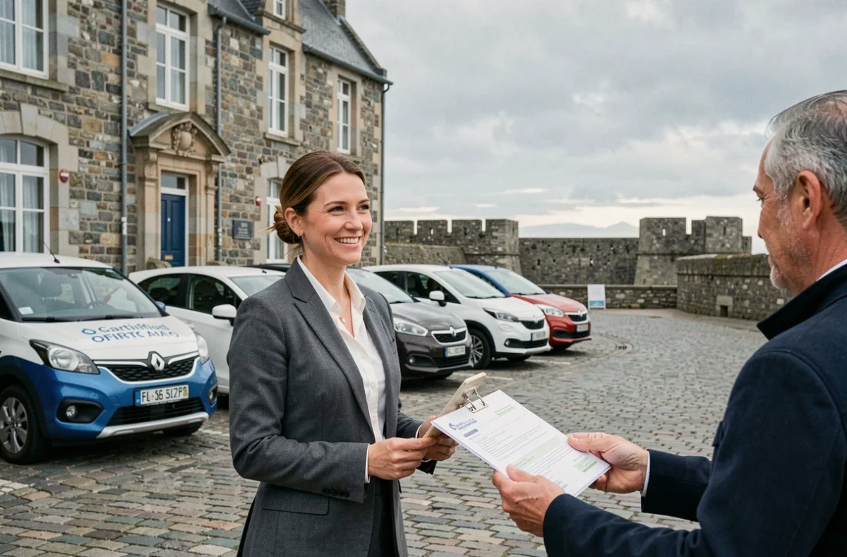 Conseillère de L'Agence Automobilière de Saint-Malo devant des voitures d'occasion avec l'architecture bretonne en arrière-plan