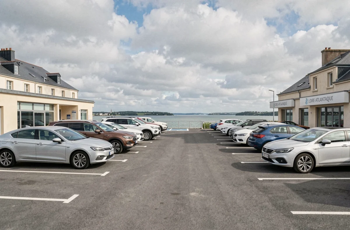 Vue large d'un parking d'agences de location de voitures en Loire-Atlantique avec plusieurs véhicules alignés sous un ciel nuageux typique de la région