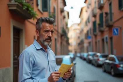 Homme tenant une amende de stationnement italienne injustifiée devant sa voiture dans une rue pavée italienne