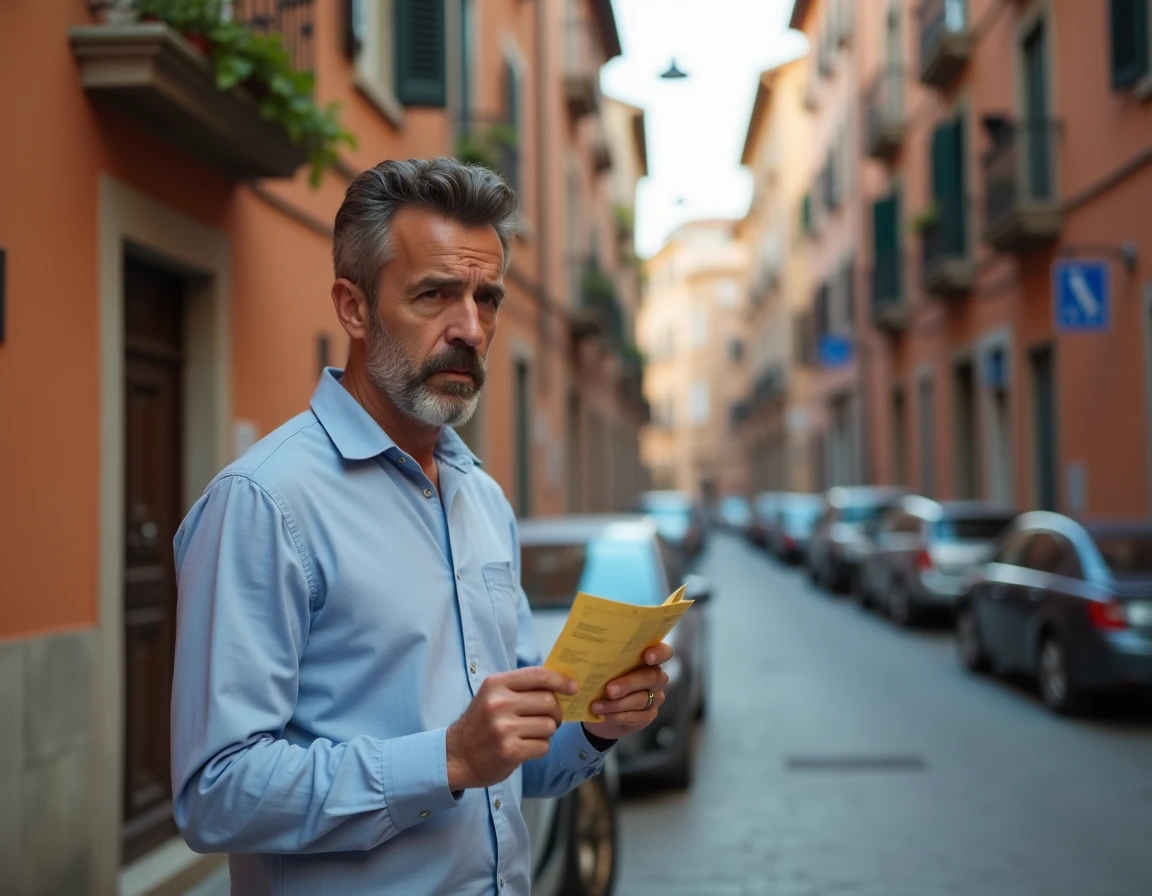 Homme tenant une amende de stationnement italienne injustifiée devant sa voiture dans une rue pavée italienne