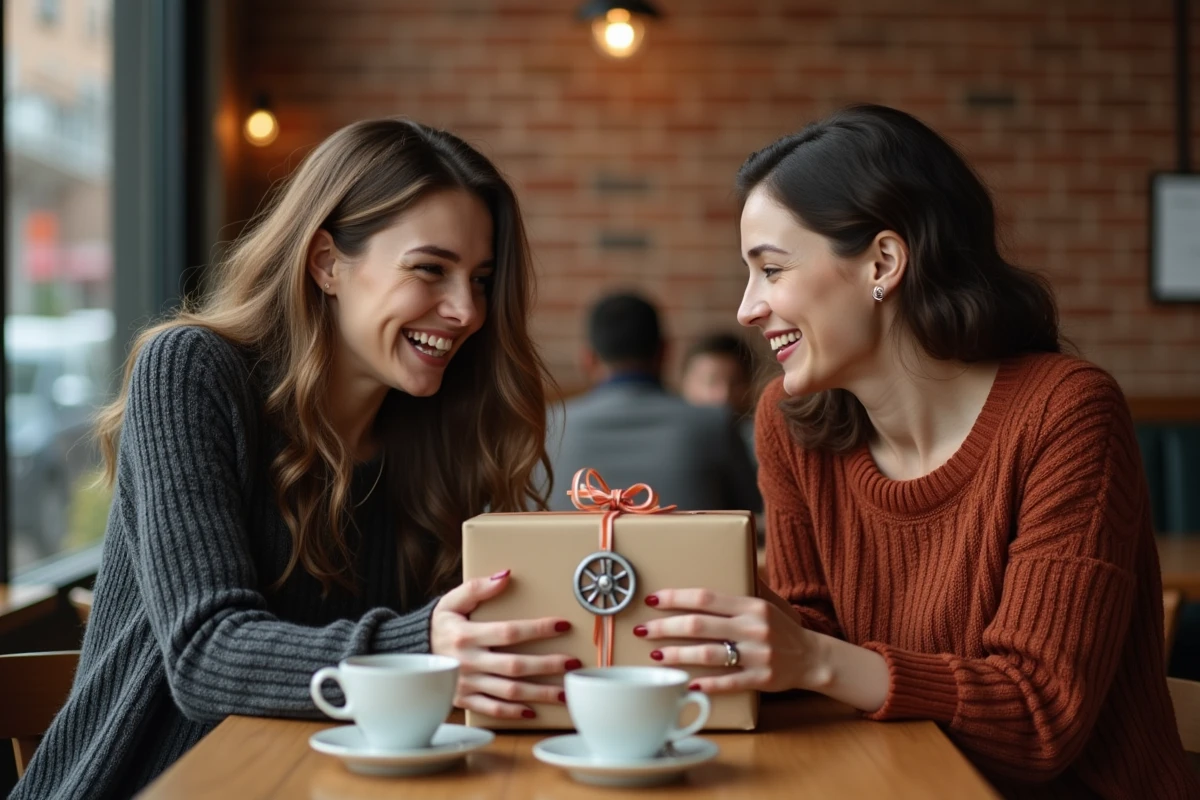 Deux amies dans un café partagent un cadeau original pour fêter l'obtention du permis de conduire avec un charme volant ornemental