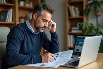 Homme analysant une annonce de voiture d'occasion sur papier et ordinateur portable dans un bureau à domicile