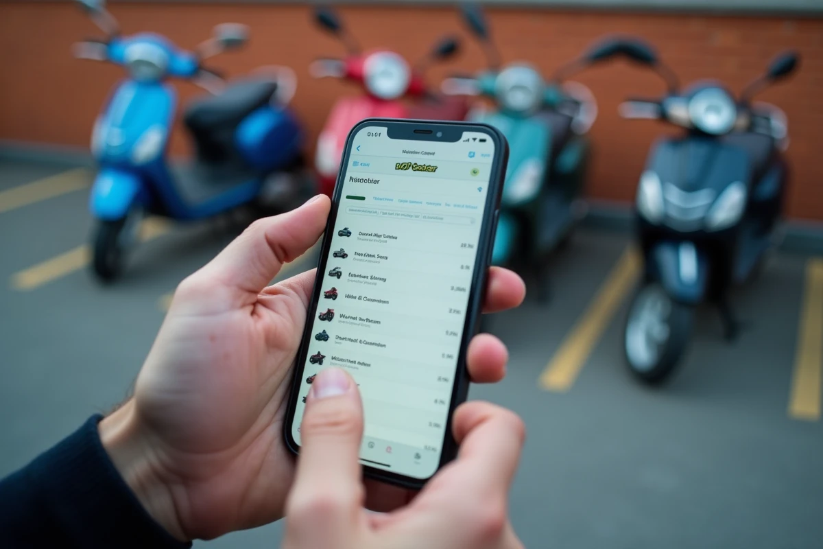 Main tenant un smartphone affichant l'argus d'un scooter avec cotes et prix du marché pour négocier