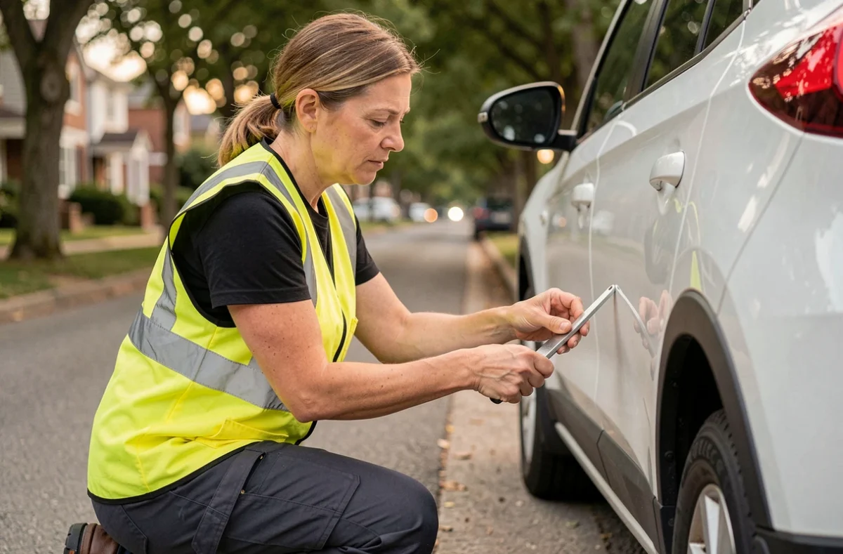 Technicienne d'assistance routière ouvrant une portière de voiture sans clé avec un outil professionnel