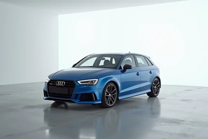 Audi A3 Sportback vue trois quarts avant dans un studio automobile minimaliste, silhouette compacte et longueur totale bien visible