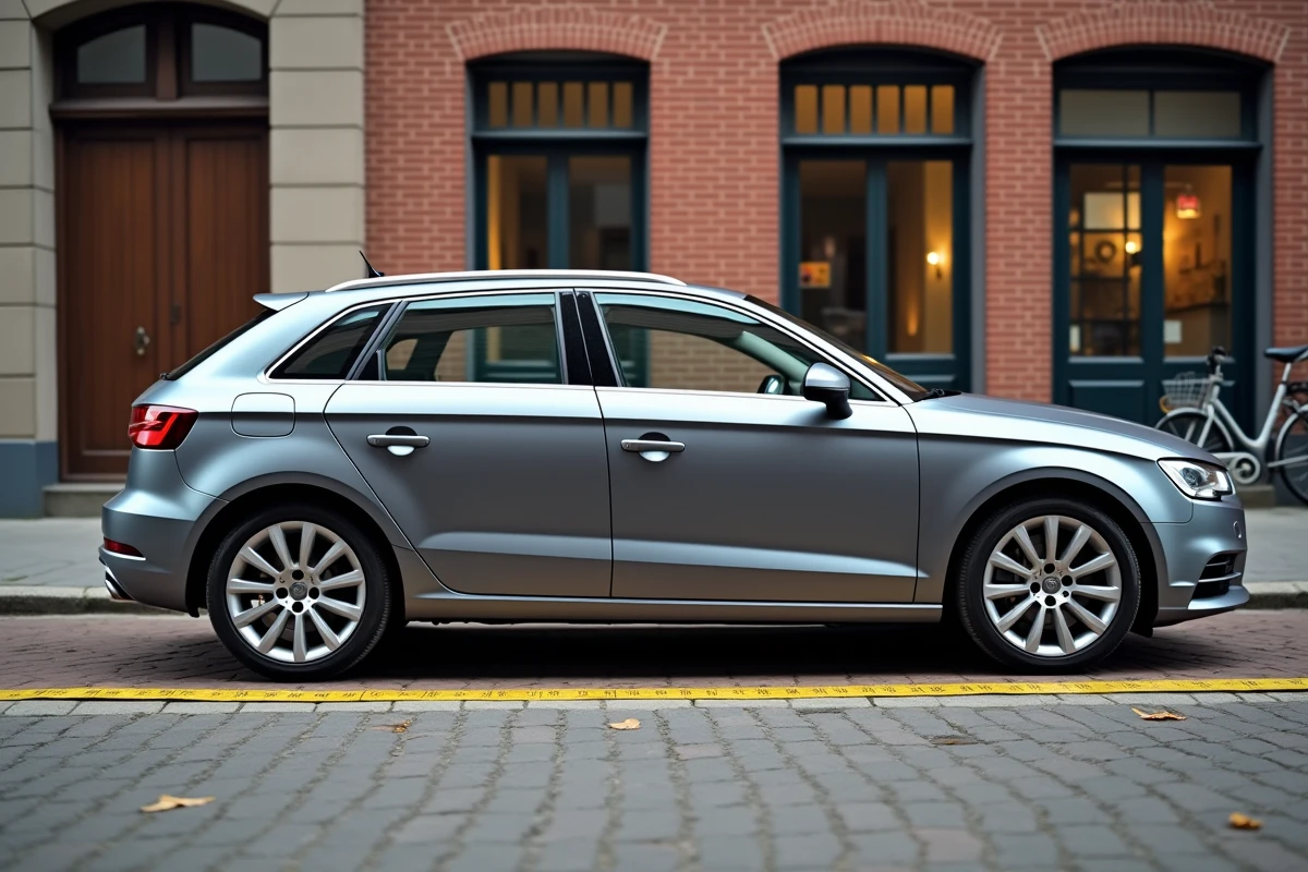 Audi A3 Sportback profil latéral complet en milieu urbain, longueur et hauteur de la carrosserie clairement identifiables