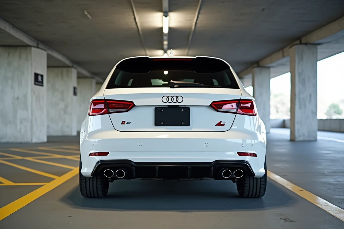 Audi A3 Sportback vue arrière dans un parking, largeur totale et hauteur du coffre bien illustrées pour comparaison des dimensions