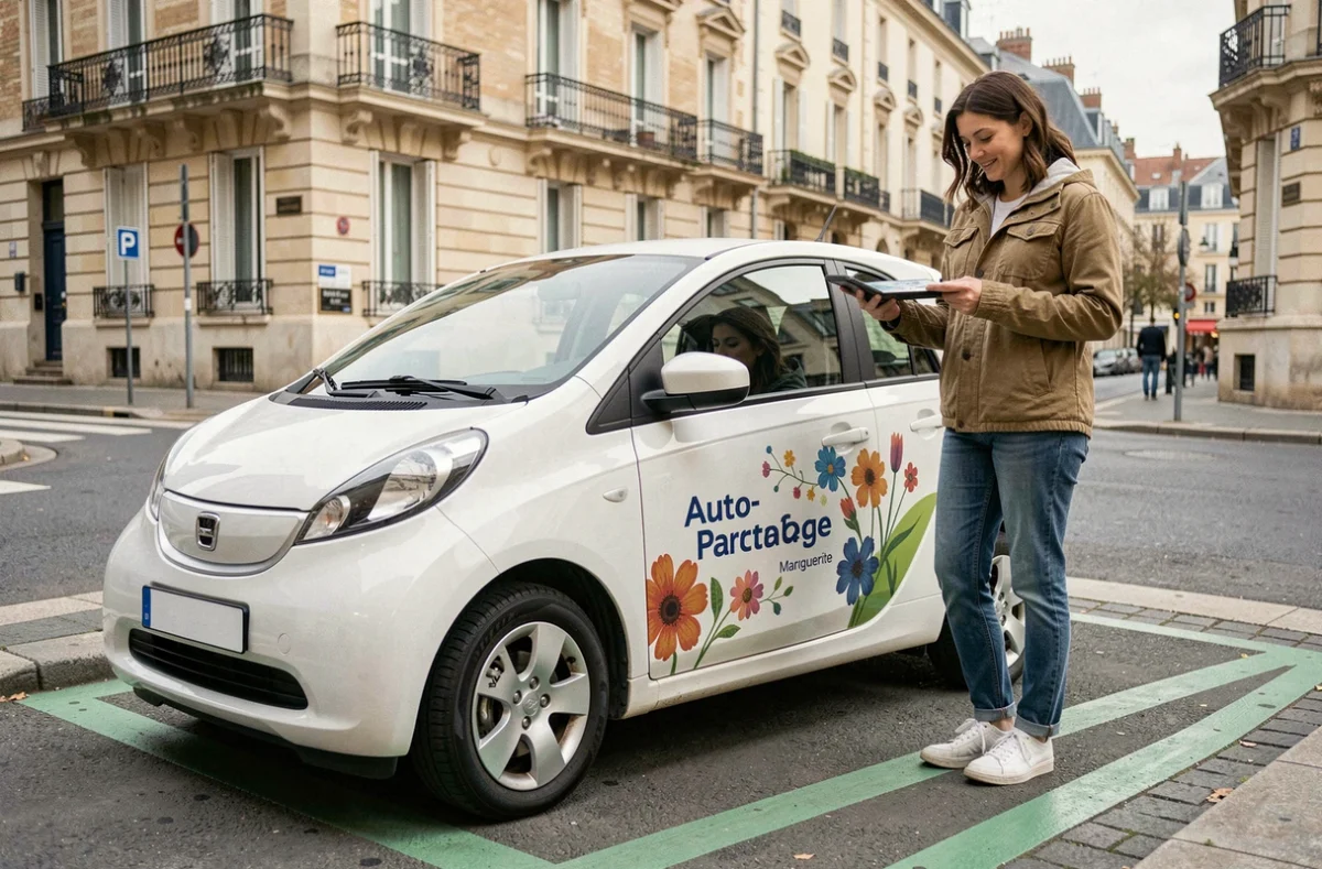 Station Auto-Partage Marguerite à Nantes avec une utilisatrice déverrouillant un véhicule partagé via son smartphone dans une rue résidentielle