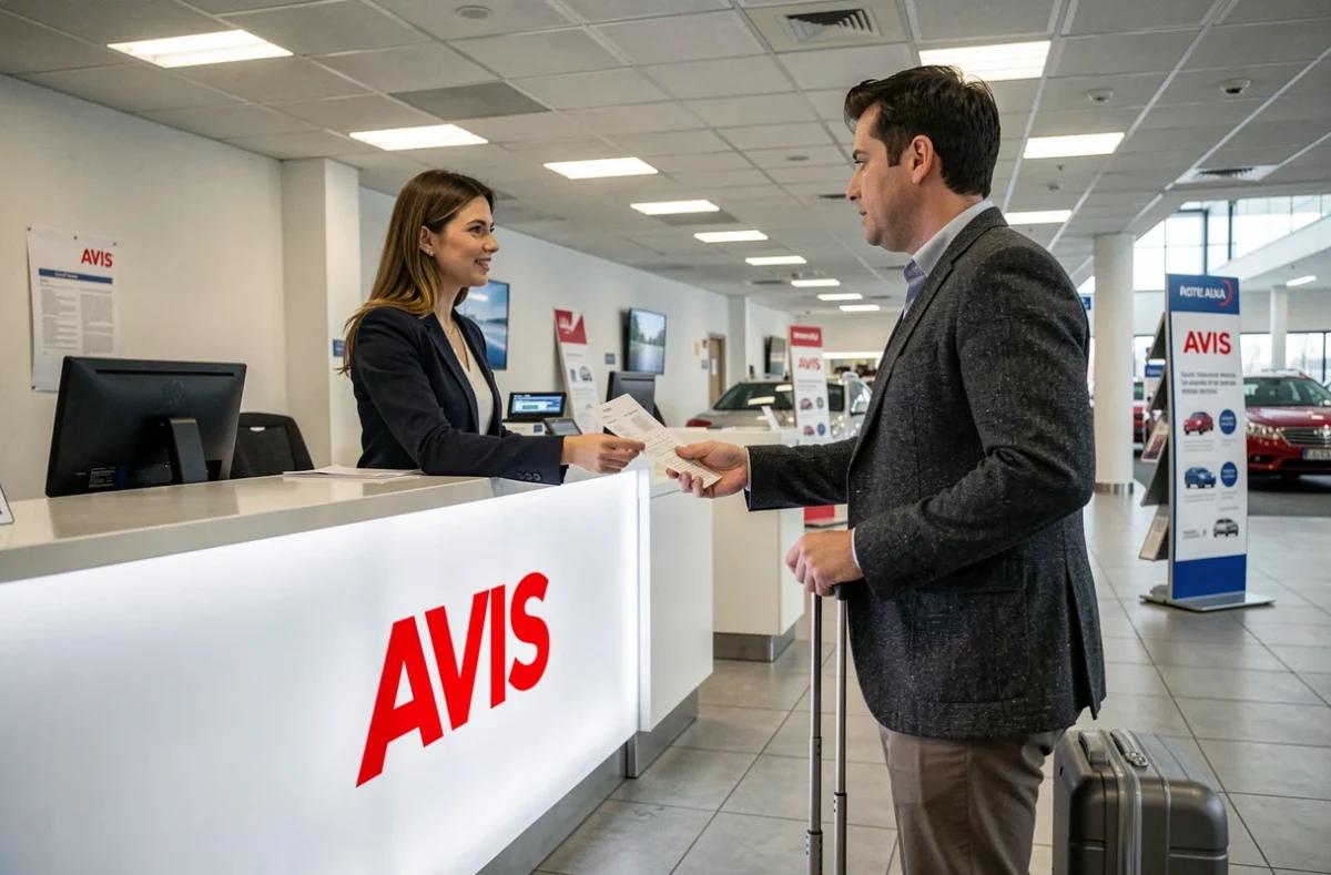 Comptoir d'agence Avis avec une conseillère présentant un contrat de location à un voyageur muni d'une valise