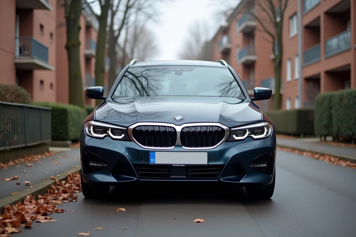 BMW 320d Touring bleu nuit d'occasion garée dans une rue résidentielle française en automne, vue trois quarts avant