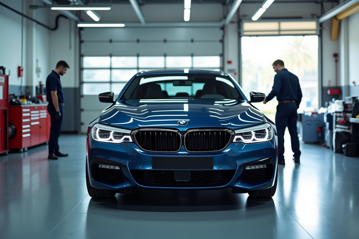 Voiture BMW dans un atelier lumineux avec mécanicien