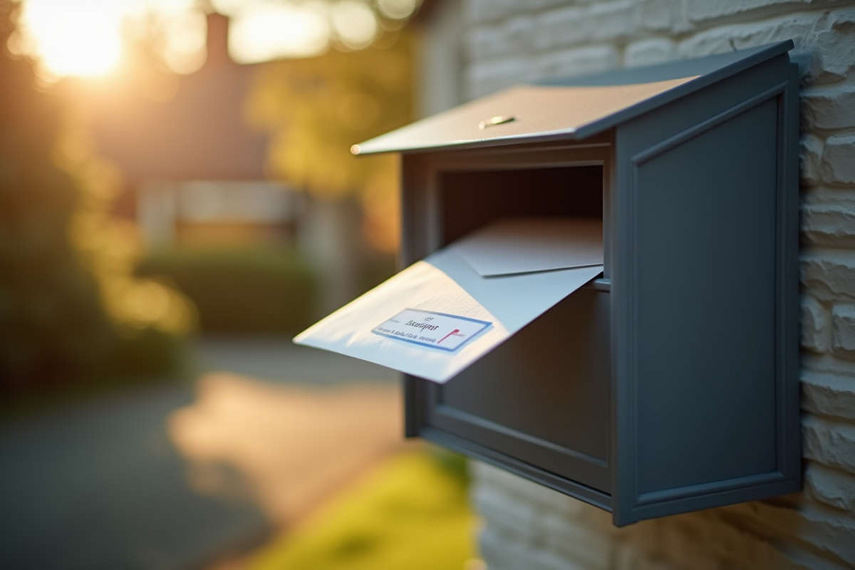 Enveloppe avec label carte grise insérée dans une boîte aux lettres