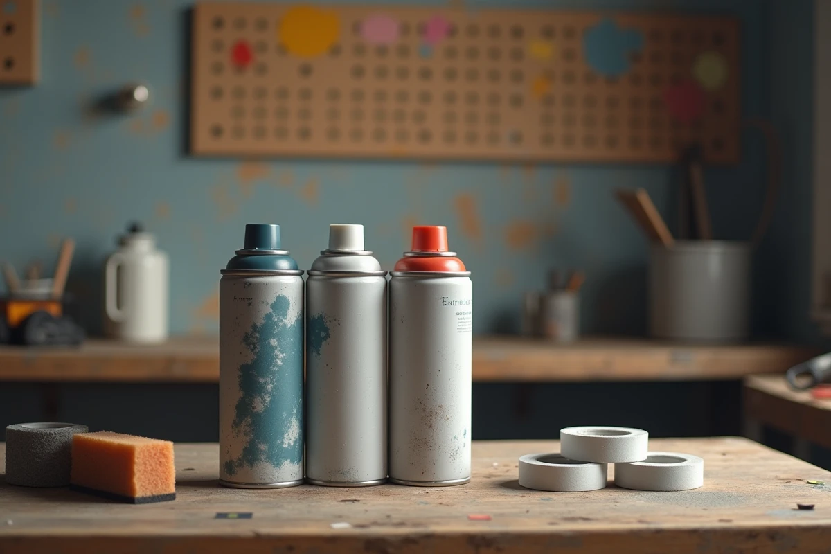 Bombes de peinture carrosserie pour apprêt, laque et vernis posées sur un établi de garage avec accessoires de préparation