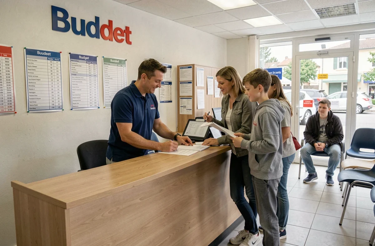 Agence Budget avec un agent aidant une famille à finaliser leur contrat de location de voiture au comptoir