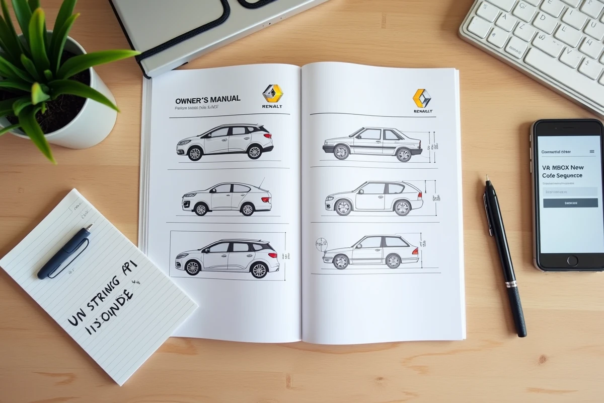 Vue aérienne d'un bureau avec le manuel Renault, un code VIN manuscrit et un smartphone affichant un site de décodage radio