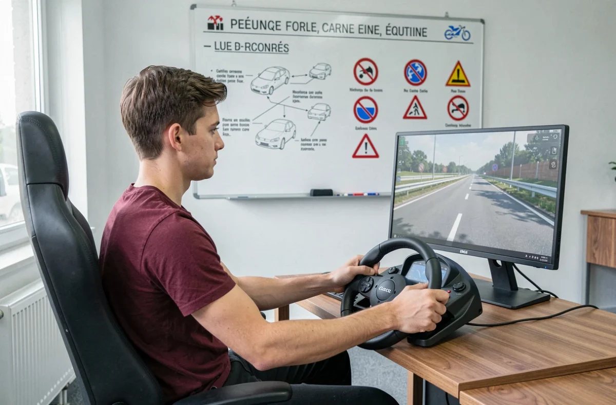 Jeune homme utilisant un simulateur de conduite dans une salle de cours d'auto-école, C Permis dans le Nord