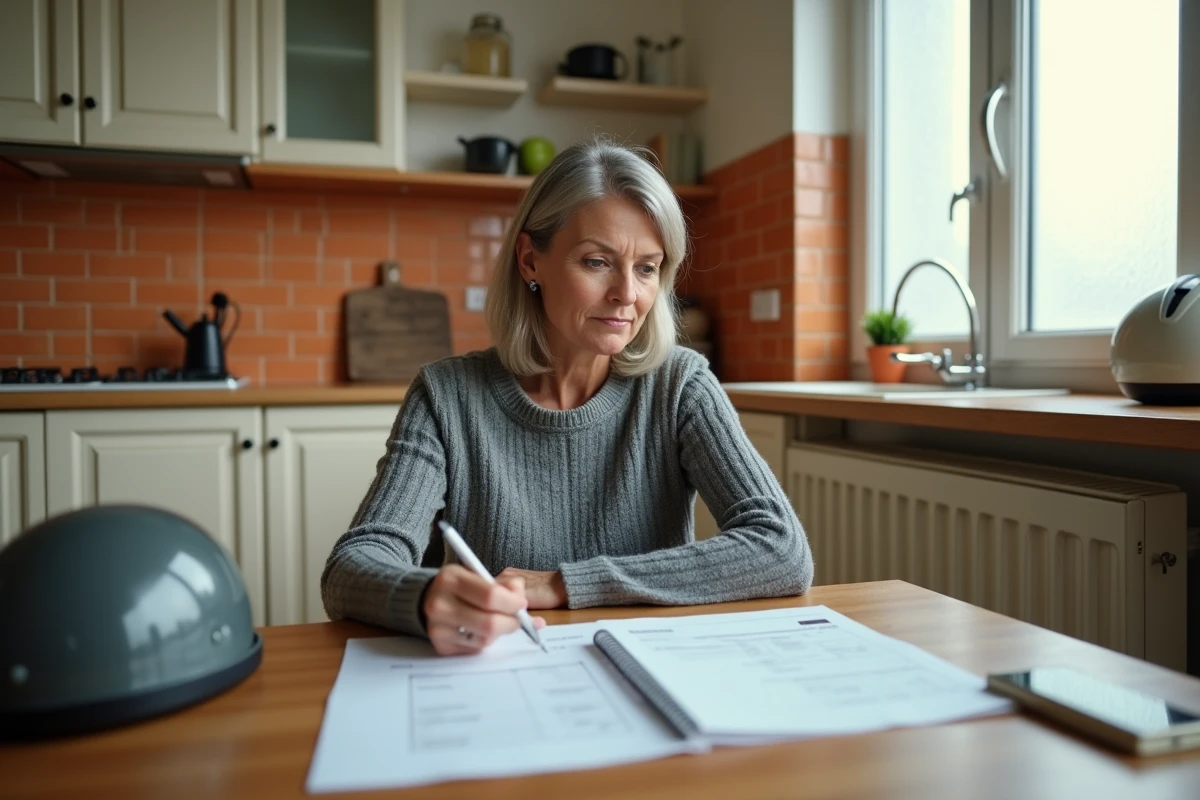 Femme calculant le coût annuel du contrôle technique de son scooter à domicile