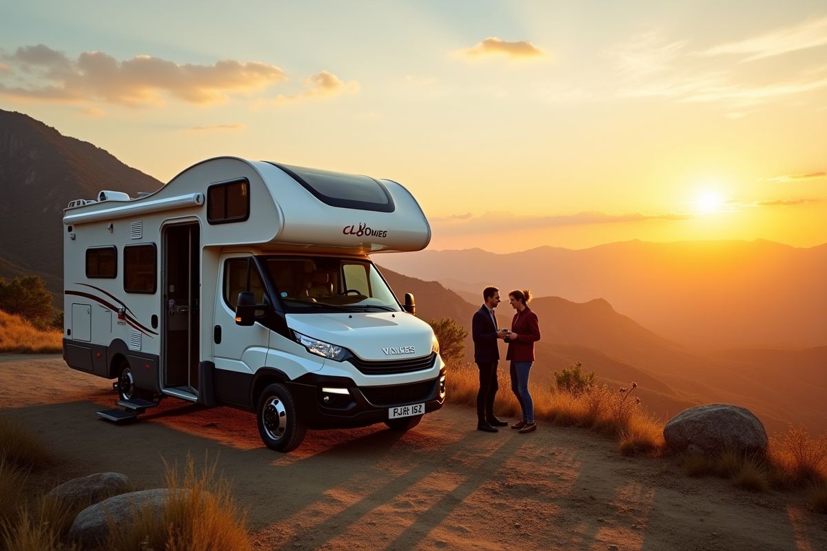 Motorhome en montagne au coucher de soleil avec couple
