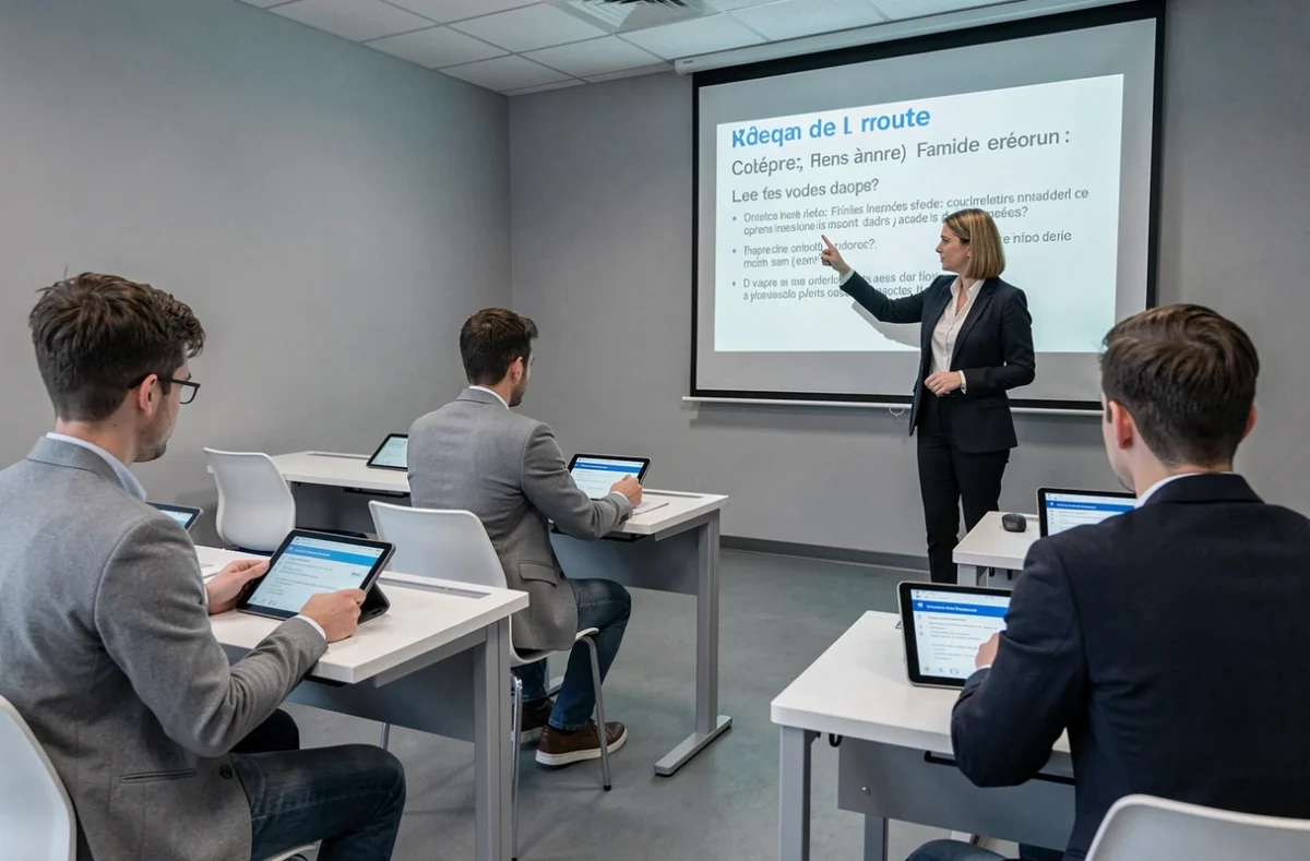 Groupe d'élèves en cours de code de la route dans une salle de formation, CEPAM auto-école dans le Nord