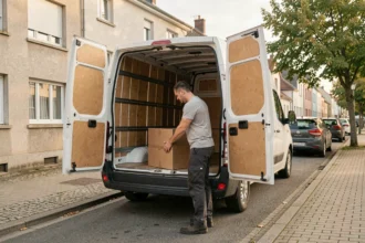Homme chargeant des cartons dans un Renault Master 11m3 garé devant un immeuble résidentiel lors d'un déménagement petit budget