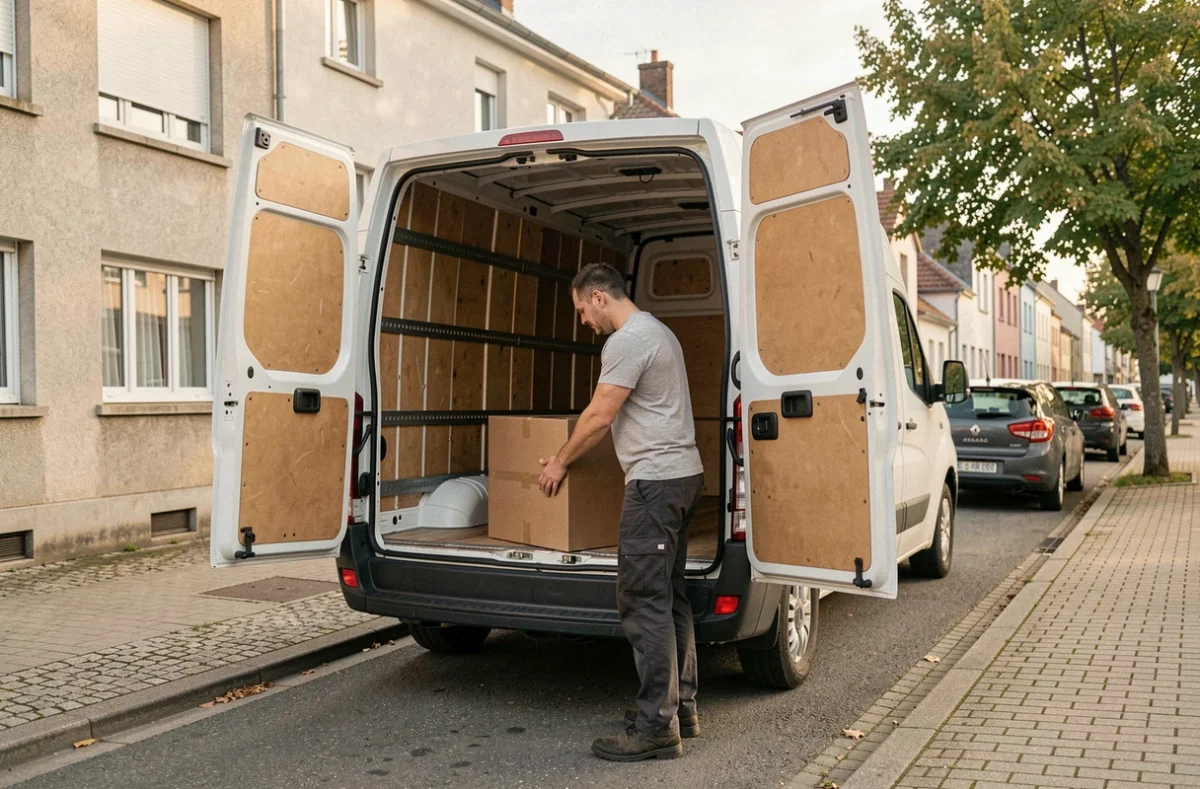 Homme chargeant des cartons dans un Renault Master 11m3 garé devant un immeuble résidentiel lors d'un déménagement petit budget