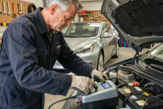 Homme connectant un chargeur de batterie intelligent à une voiture dans un garage domestique moderne