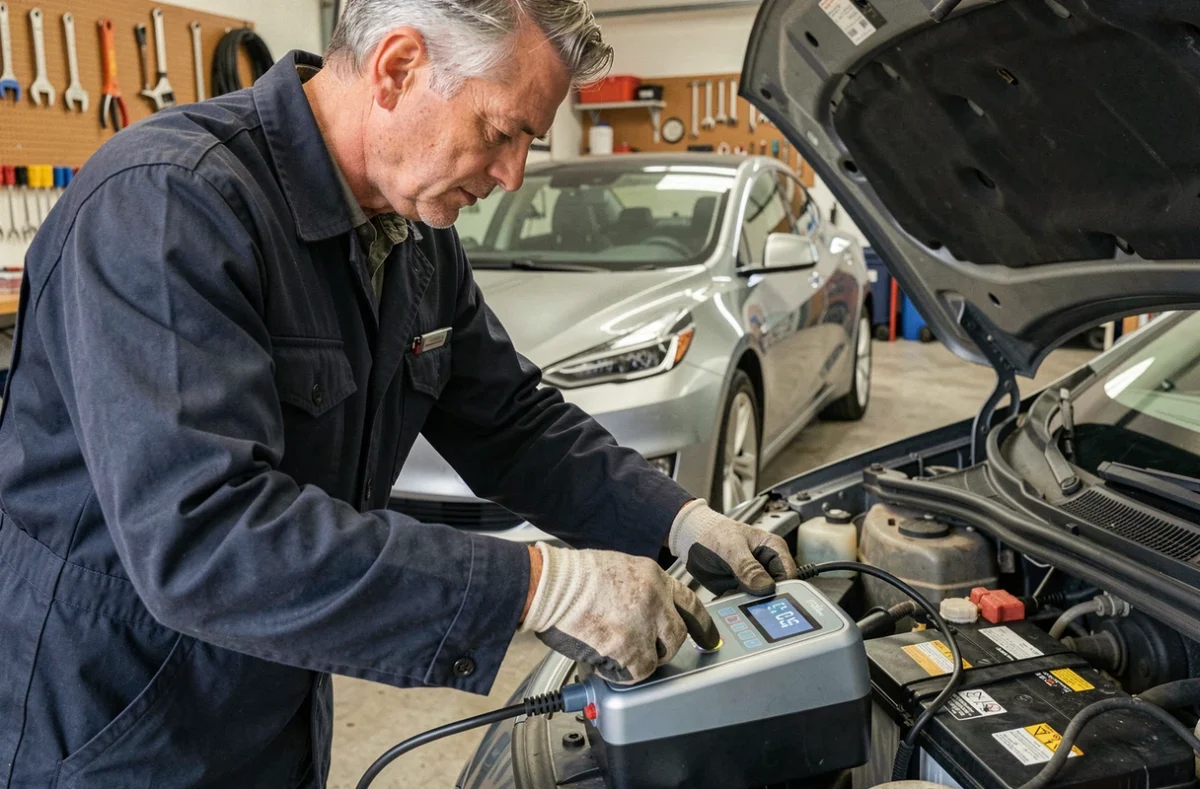 Homme connectant un chargeur de batterie intelligent à une voiture dans un garage domestique moderne