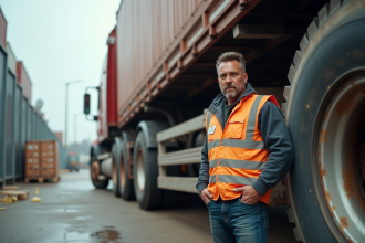 Conducteur de camion industriel en veston réfléchissant à côté d'un gros camion