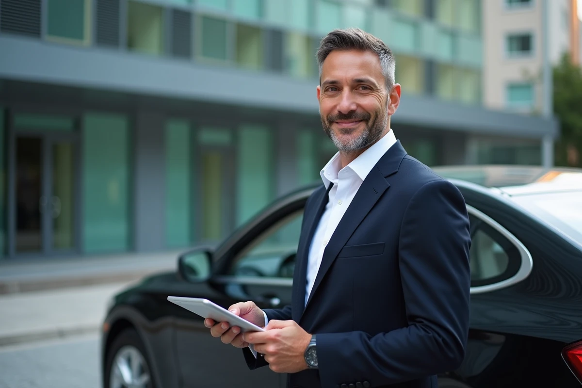 Chauffeur VTC professionnel en veste sombre tenant un document de certification transport à côté d'une berline noire en milieu urbain