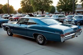 Chevrolet Impala 1967 4 portes hardtop bleu nuit en parfait état lors d'un salon de voitures anciennes