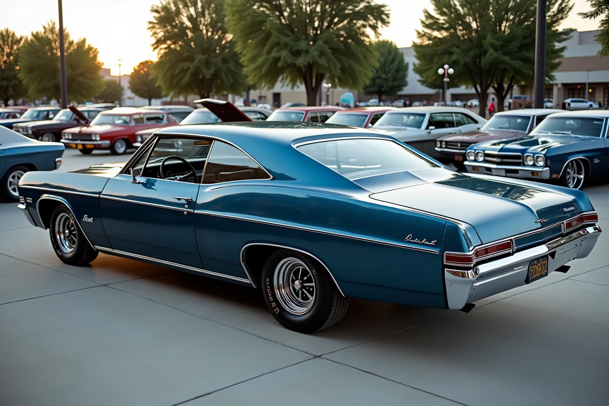 Chevrolet Impala 1967 4 portes hardtop bleu nuit en parfait état lors d'un salon de voitures anciennes