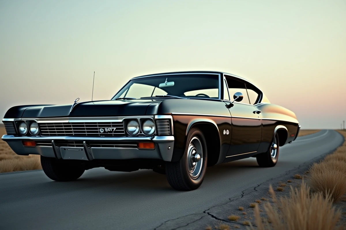La Chevrolet Impala 1967 noire de Dean Winchester garée sur une route américaine déserte, vue en contre-plongée avec la plaine du Kansas en arrière-plan