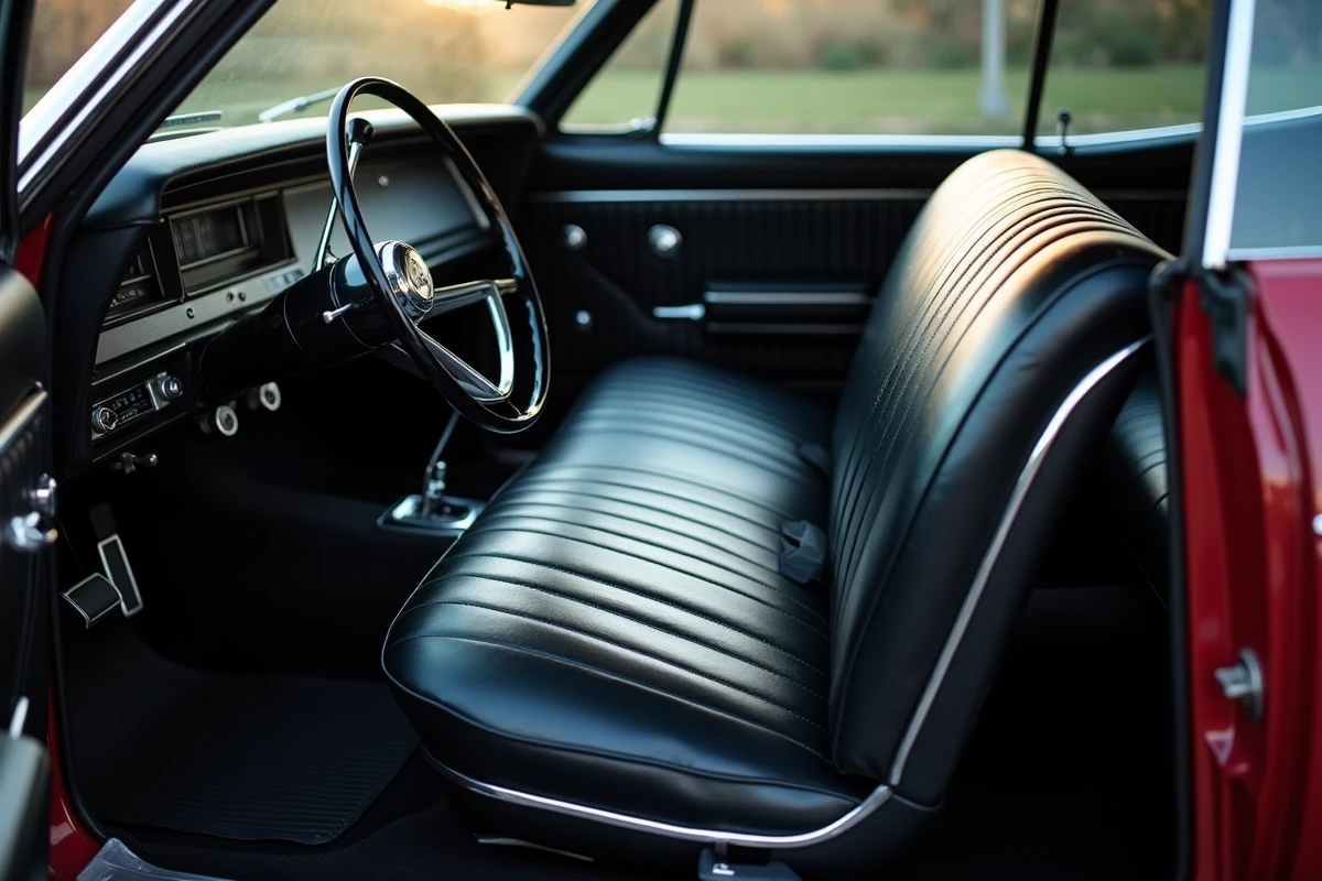 Intérieur restauré d'une Chevrolet Impala 1967 4 portes avec siège banquette en vinyle noir et tableau de bord d'origine