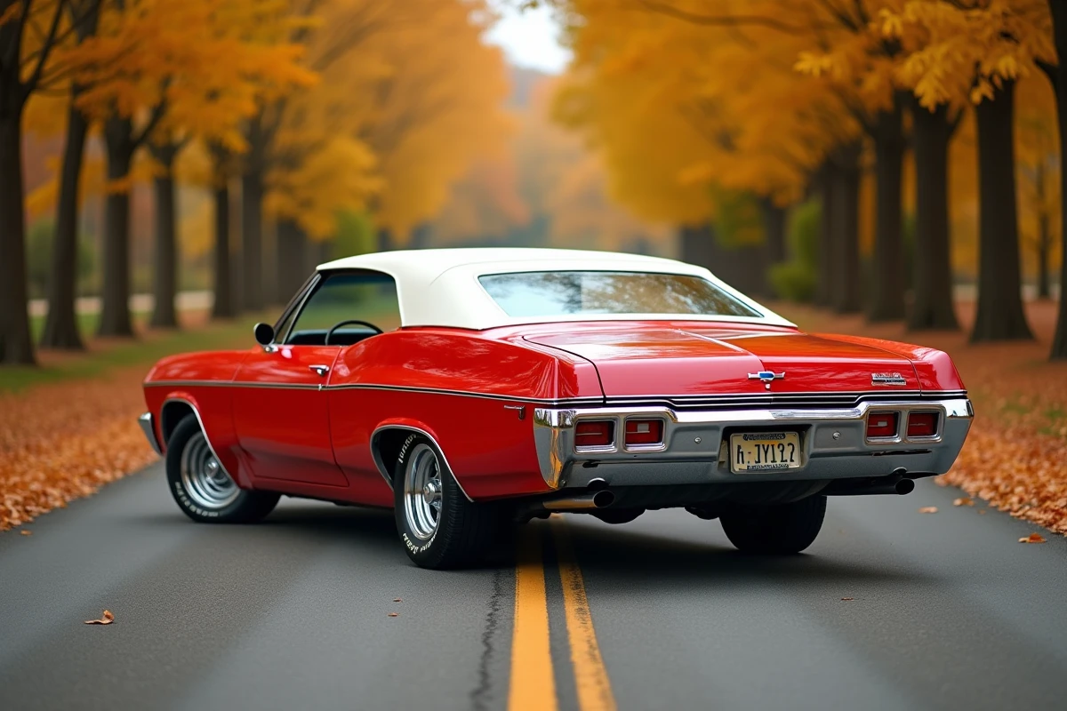Chevrolet Impala 1967 4 portes rouge avec toit vinyle blanc sur route de campagne en automne vue trois quarts arrière
