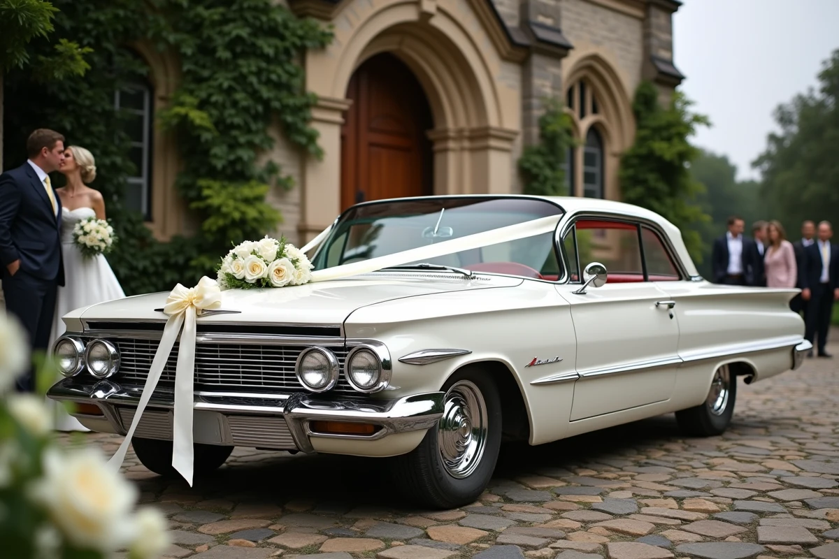 Chevrolet Impala blanche décorée de rubans blancs et de roses garée devant une église en pierre lors d'un mariage élégant