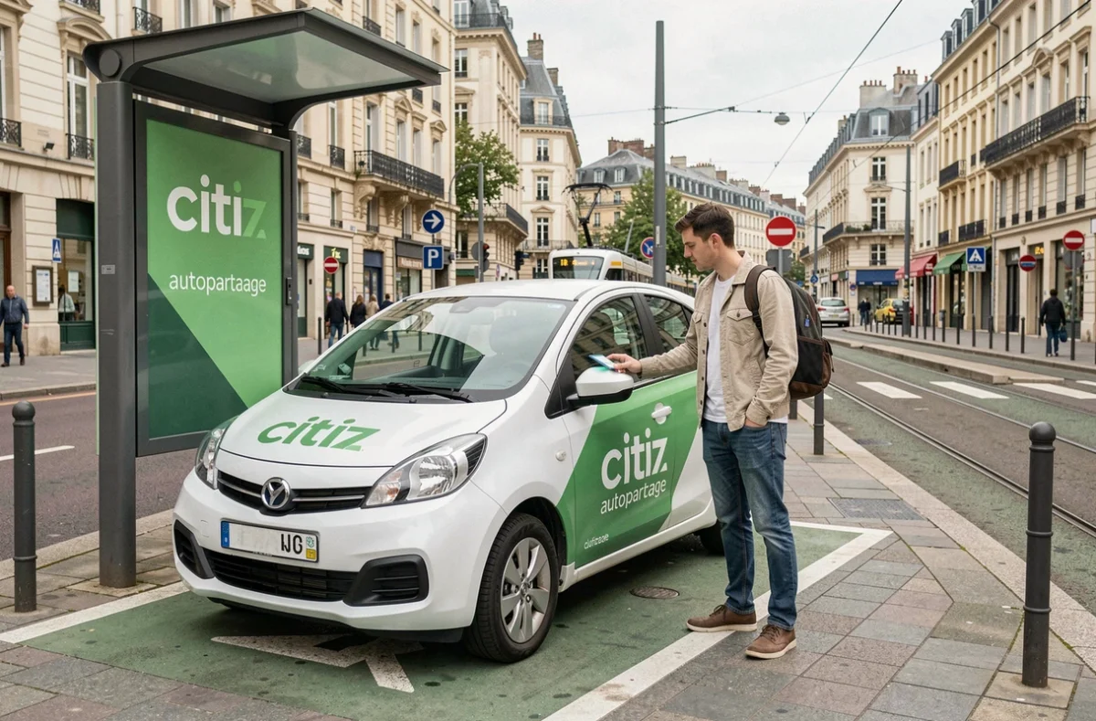 Véhicule Citiz Nantes Autopartage dans sa borne dédiée avec un utilisateur déverrouillant la voiture avec sa carte d'abonné en ville