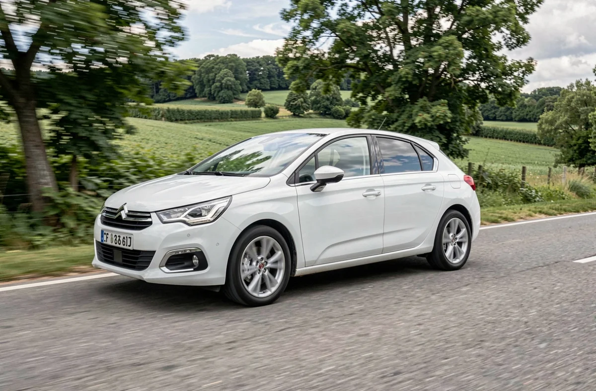Citroën C4 blanche en mouvement sur une route de campagne française, vue latérale dynamique illustrant la conduite au quotidien
