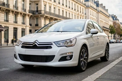 Citroën C4 blanche garée dans une rue parisienne, vue avant trois quarts mettant en valeur le design moderne et la carrosserie blanche nacre