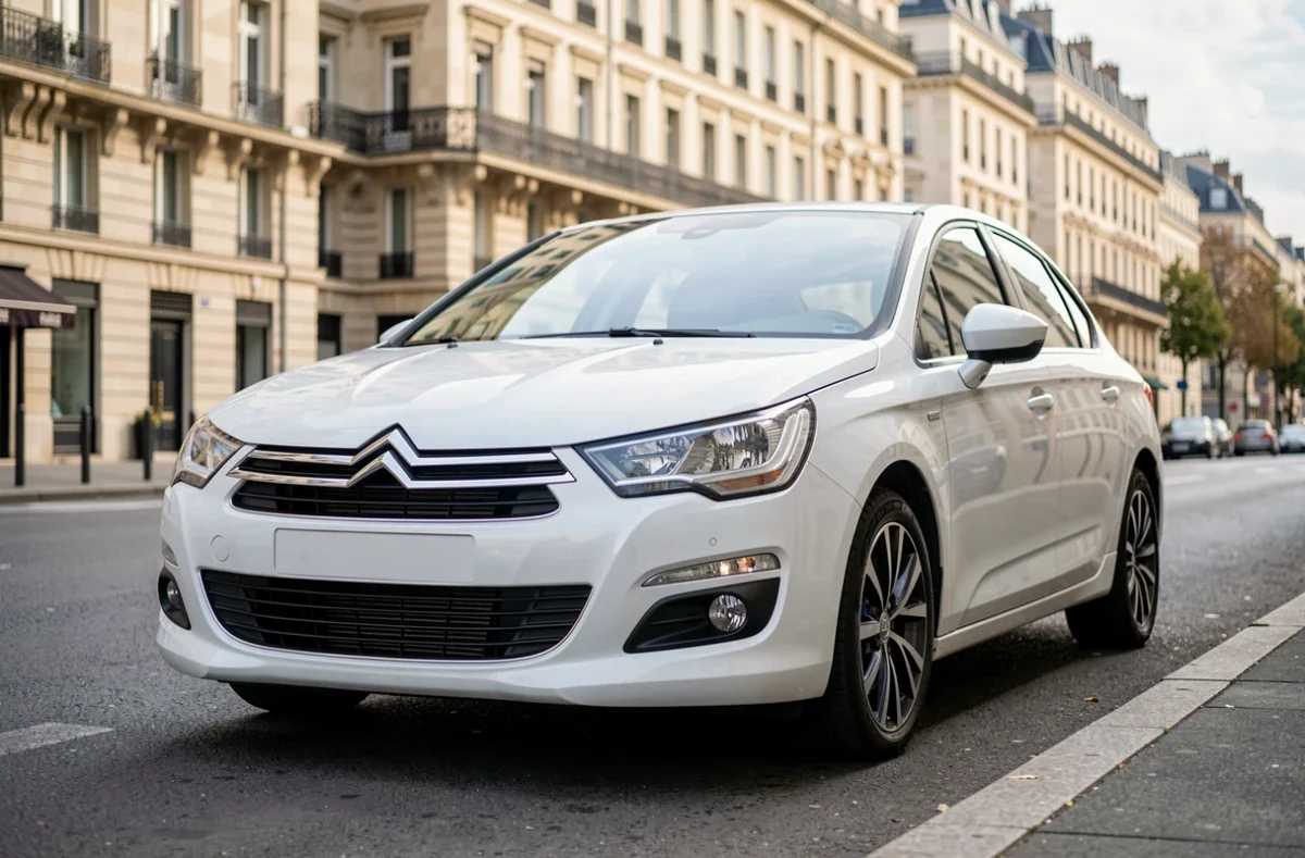 Citroën C4 blanche garée dans une rue parisienne, vue avant trois quarts mettant en valeur le design moderne et la carrosserie blanche nacre
