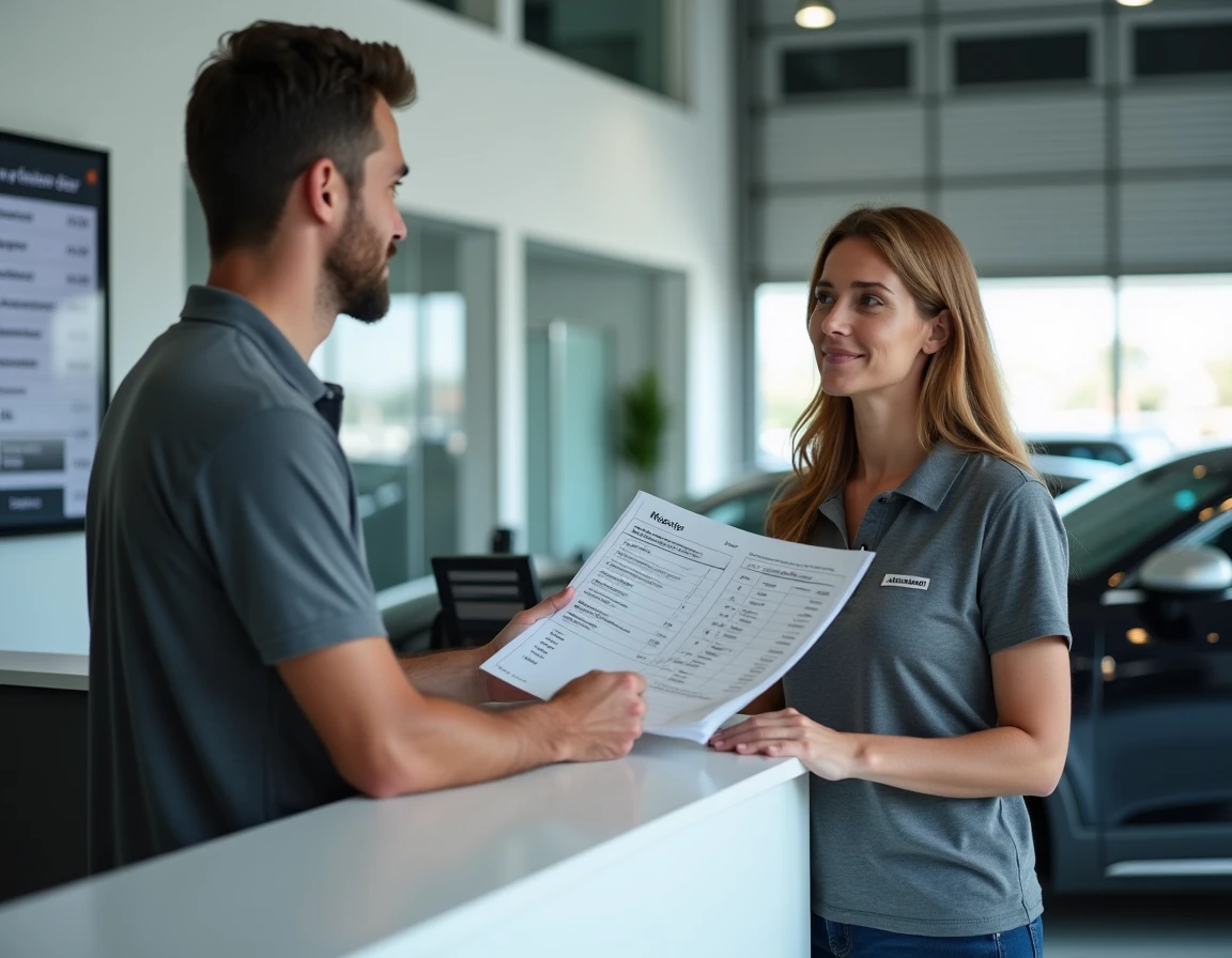 Cliente discutant du prix de remplacement de courroie de distribution avec un conseiller dans une concession automobile