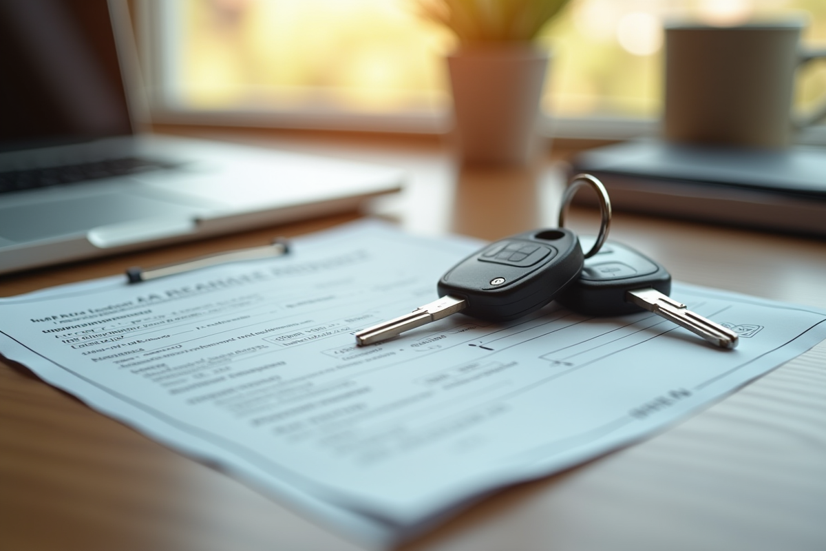 Clés de voiture et document de véhicule sur bureau en bois
