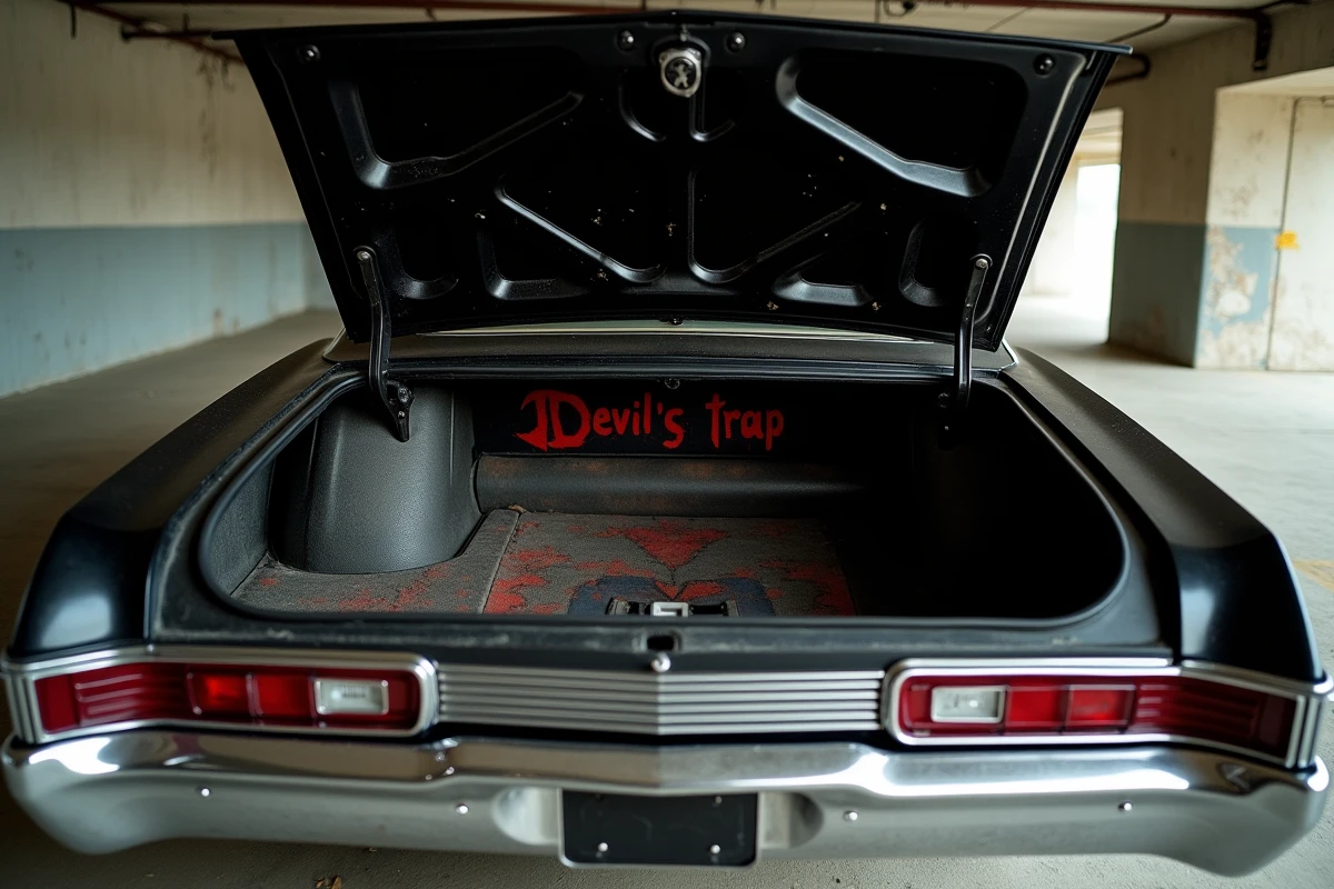 Coffre entrouvert de l'Impala 1967 de Dean Winchester avec symbole du piège à démons peint à l'intérieur et compartiment d'équipement de chasseur