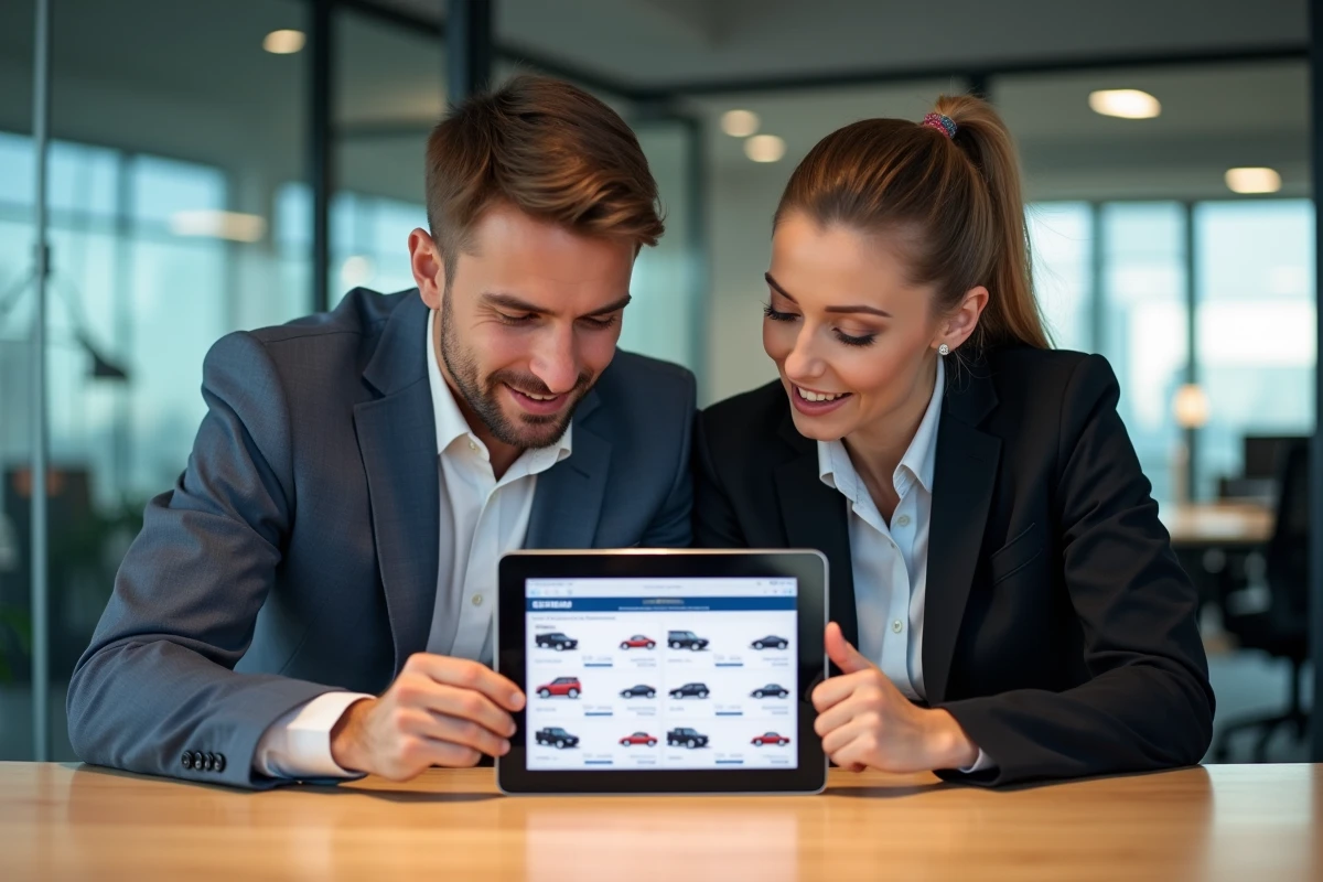 Deux collègues comparant des annonces de voitures d'occasion sur une tablette dans un bureau moderne