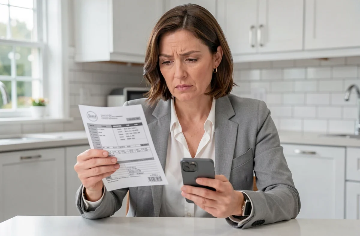 Femme comparant un document de carte grise physique avec une offre de service en ligne sur smartphone