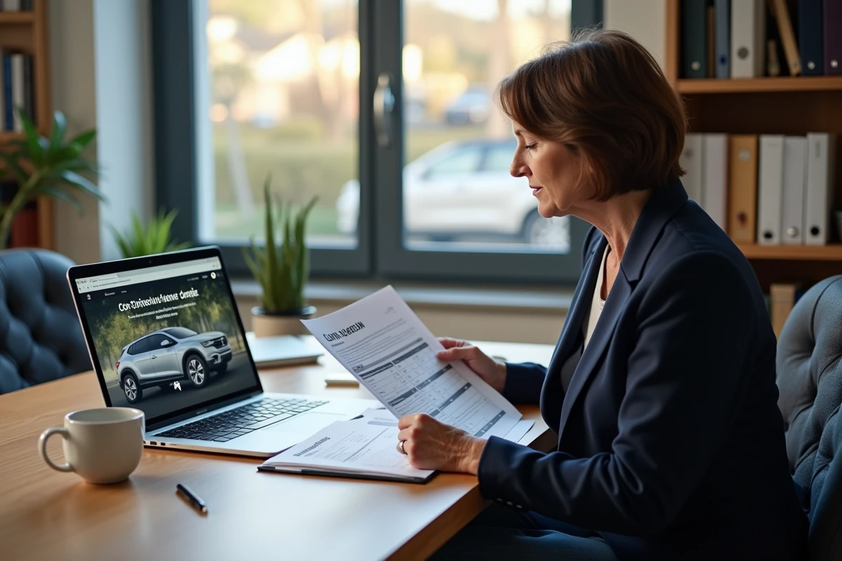 Une femme comparant des devis d'achat de voiture en ligne à son bureau, symbolisant la démarche de comparaison avant d'acheter sur Aramis Auto