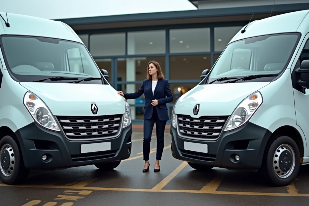 Conseillère en flotte comparant deux fourgons utilitaires chez un concessionnaire, l'un en mauvais état illustrant les risques d'un mauvais choix de leasing pour la rentabilité
