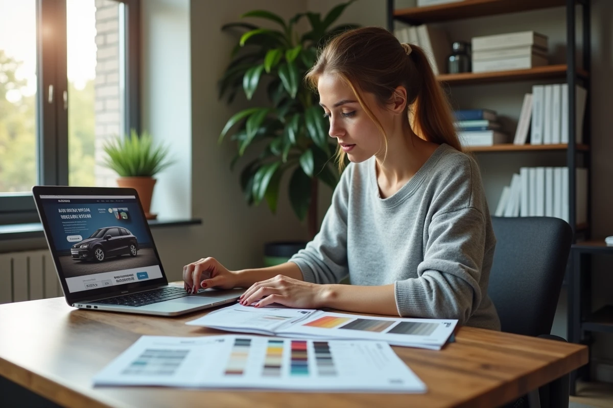 Femme comparant les prix de covering jantes sur internet avec des échantillons de vinyle posés sur un bureau à domicile