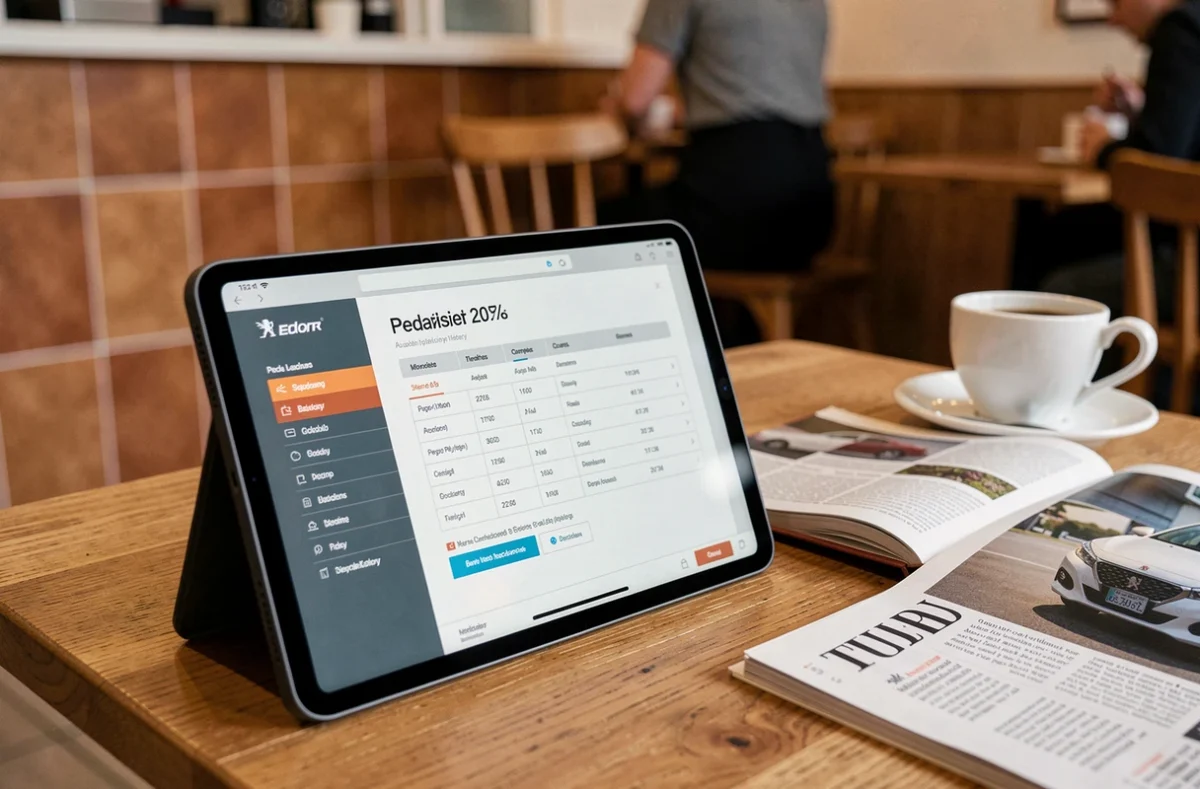 Tablette affichant une fiche auto Peugeot 208 côte à côte avec un magazine spécialisé pour comparer les sources d'information