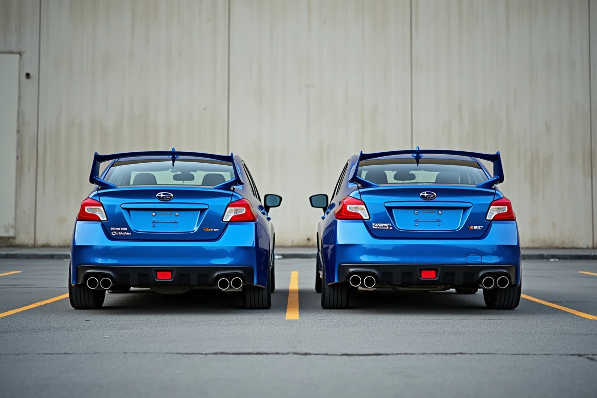 Comparaison côte à côte d'une Subaru WRX d'origine et d'une WRX avec le Prodrive Performance Pack dans un parking industriel